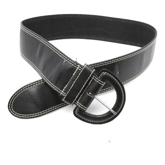 Belt Shak Vegan Leather Wide Belt Black Contrast Stitching Half Moon Buckle - Picture 1 of 11
